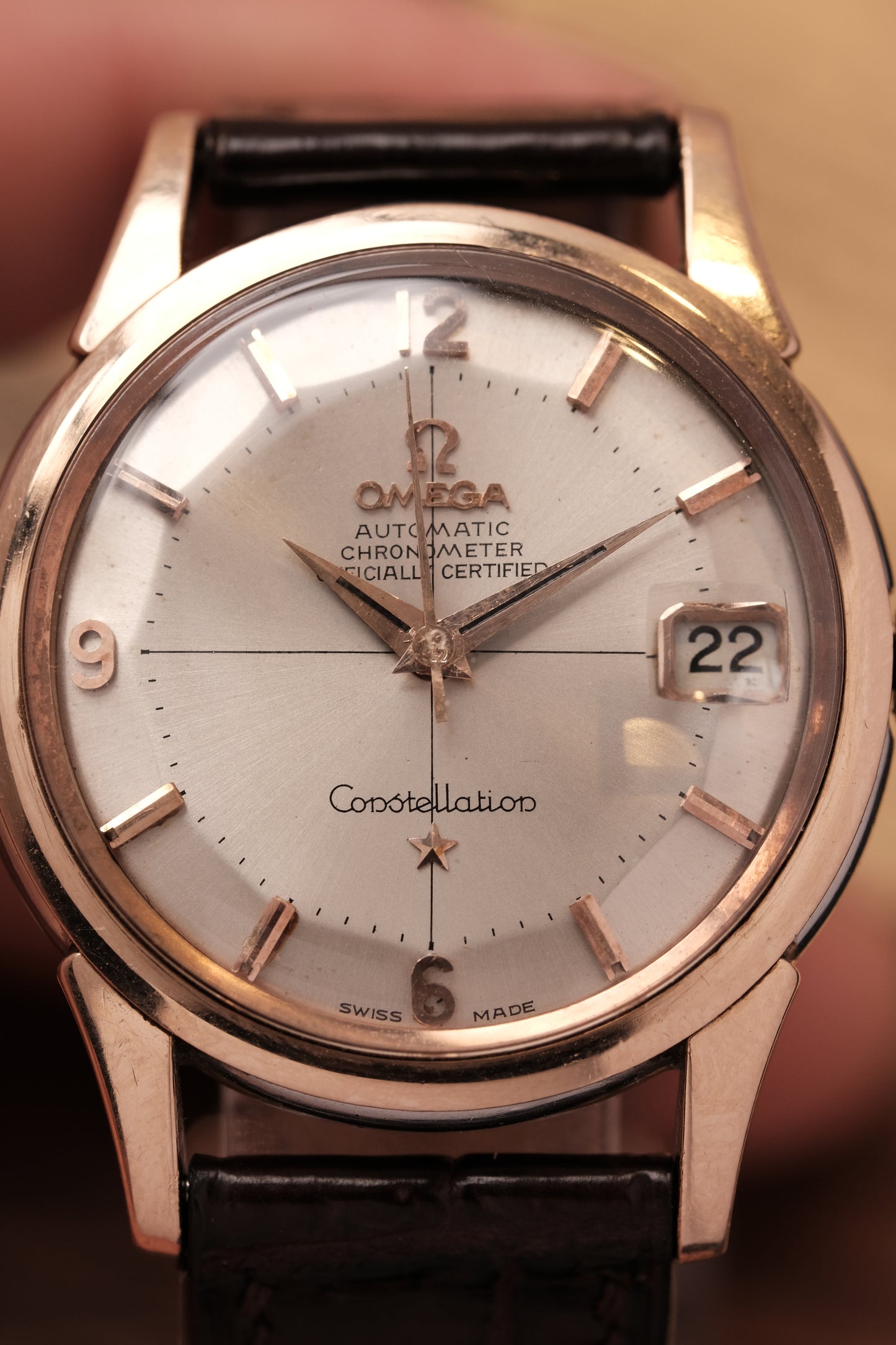 Vintage 1964 Omega Constellation Pie Pan Rose Gold Crosshair Dial REF. 14393-10 SC (MOD CASE BACK)