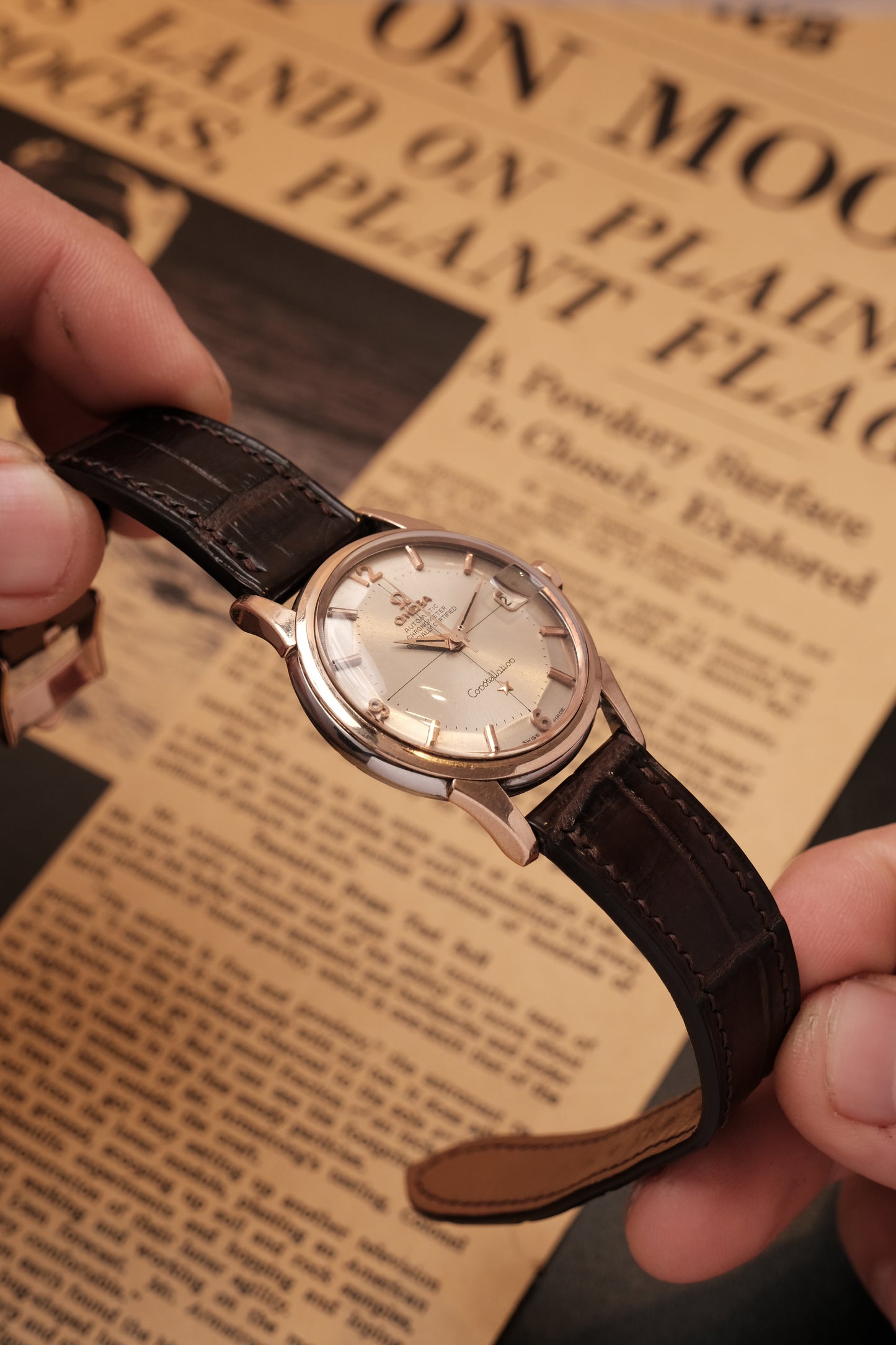Vintage 1964 Omega Constellation Pie Pan Rose Gold Crosshair Dial REF. 14393-10 SC (MOD CASE BACK)