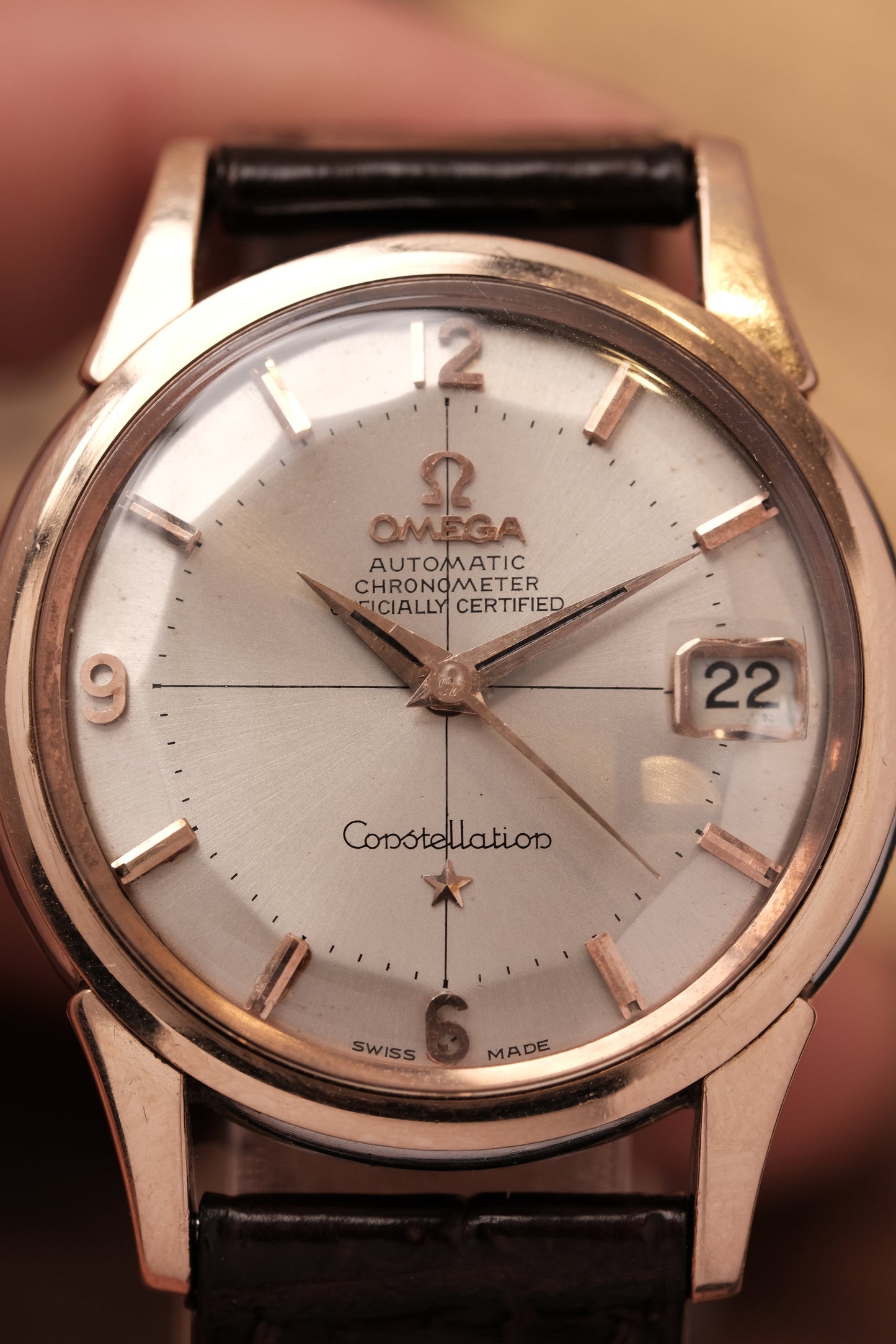 Vintage 1964 Omega Constellation Pie Pan Rose Gold Crosshair Dial REF. 14393-10 SC (MOD CASE BACK)