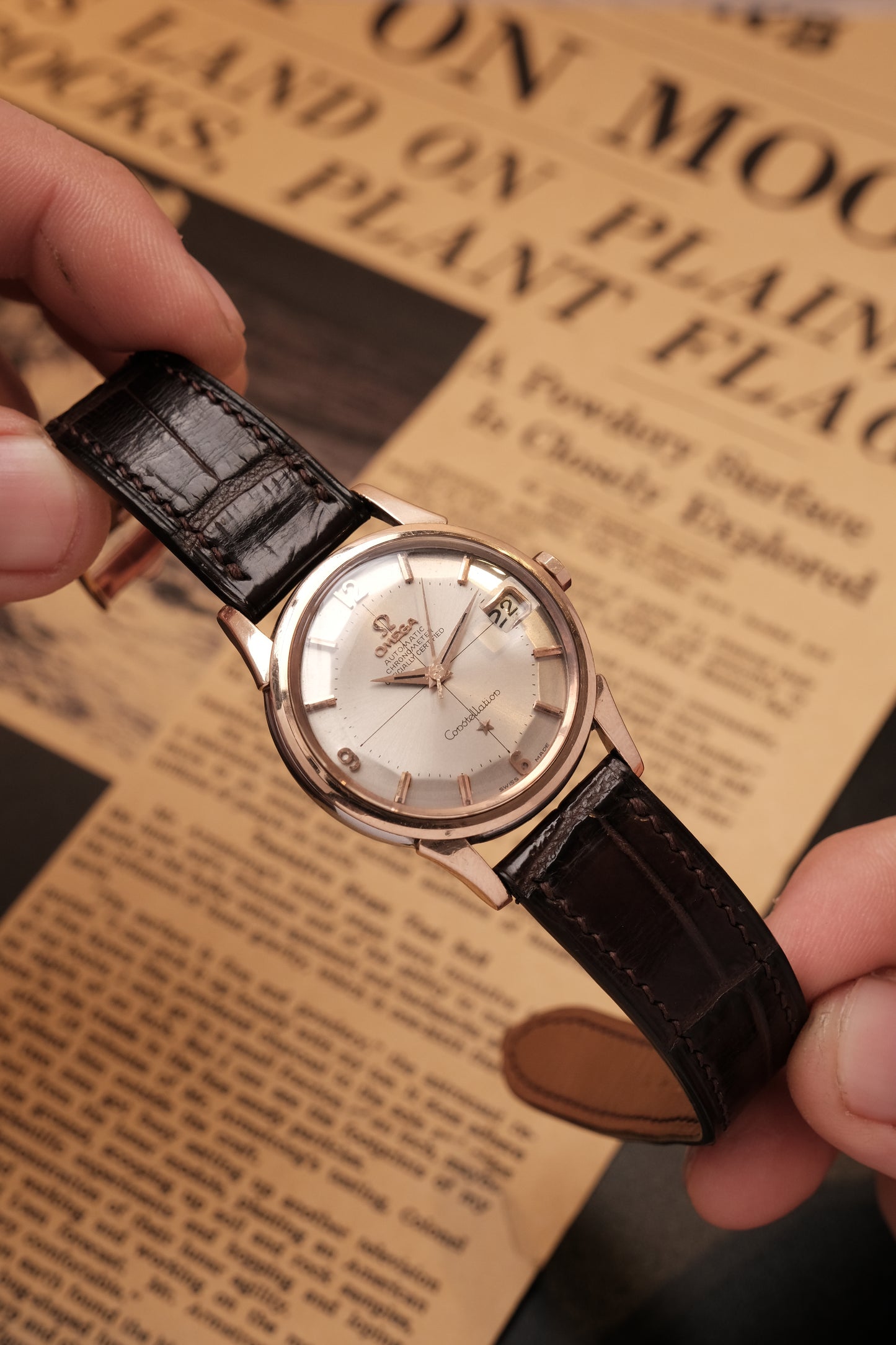 Vintage 1964 Omega Constellation Pie Pan Rose Gold Crosshair Dial REF. 14393-10 SC (MOD CASE BACK)