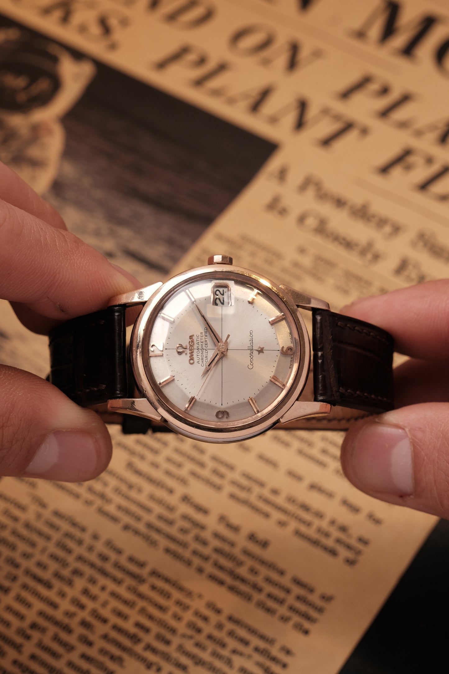 Vintage 1964 Omega Constellation Pie Pan Rose Gold Crosshair Dial REF. 14393-10 SC (MOD CASE BACK)