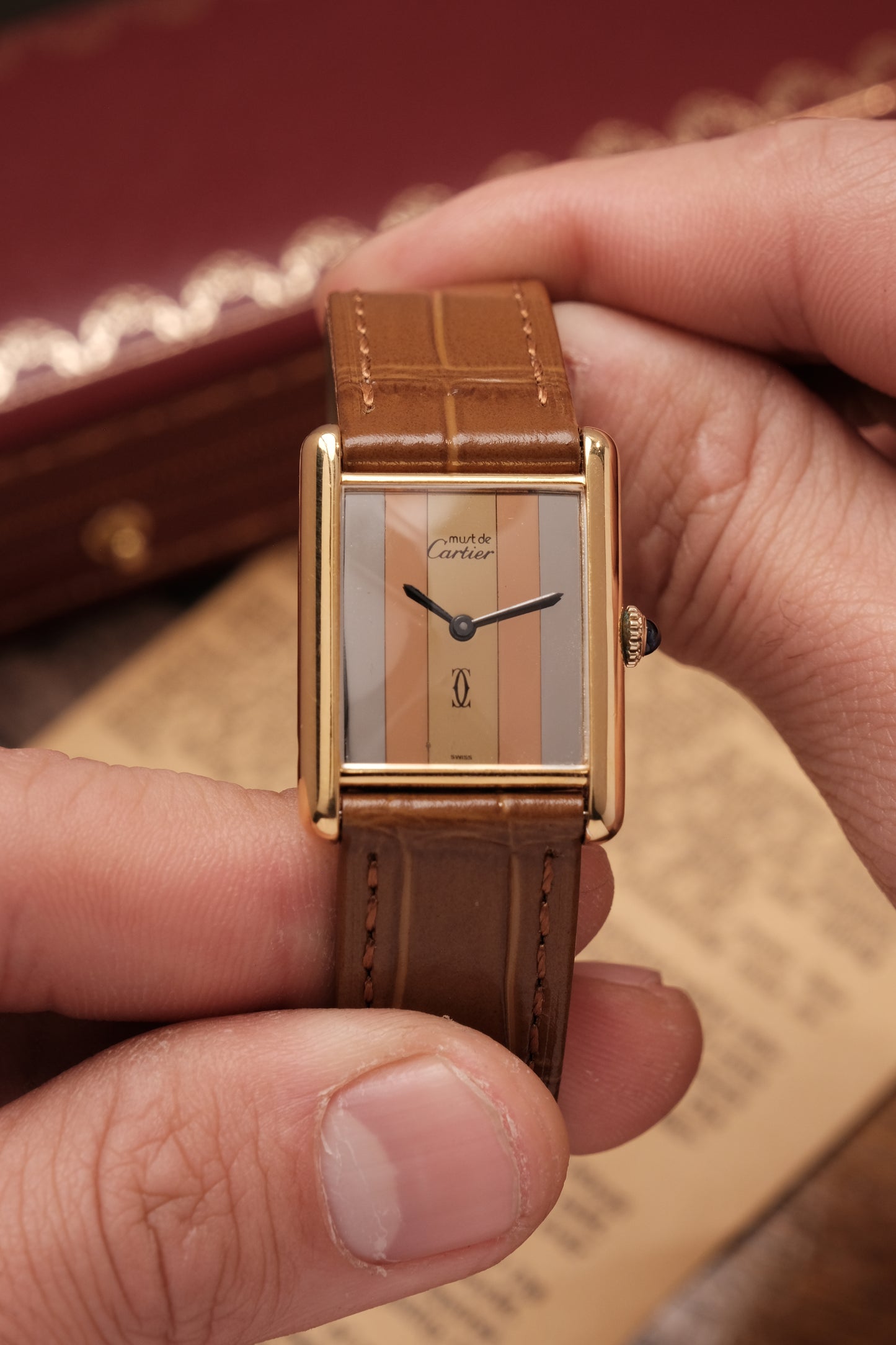 CARTIER  De Must Tank Trinity Vertical Stripe Dial Gold Hand Winding Gold-Plated Silver 925