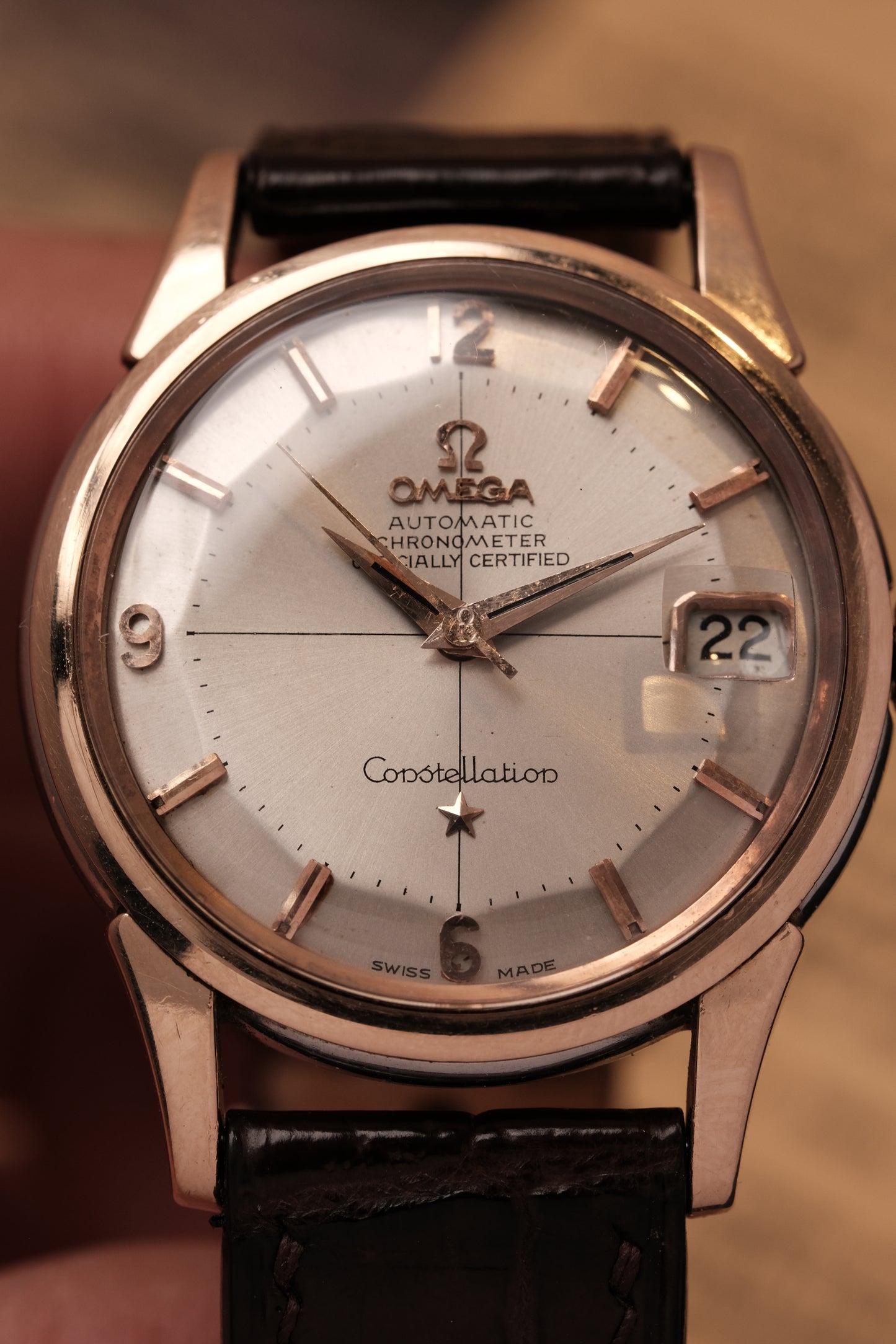 Vintage 1964 Omega Constellation Pie Pan Rose Gold Crosshair Dial  REF. 14393-10 SC (MOD CASE BACK)
